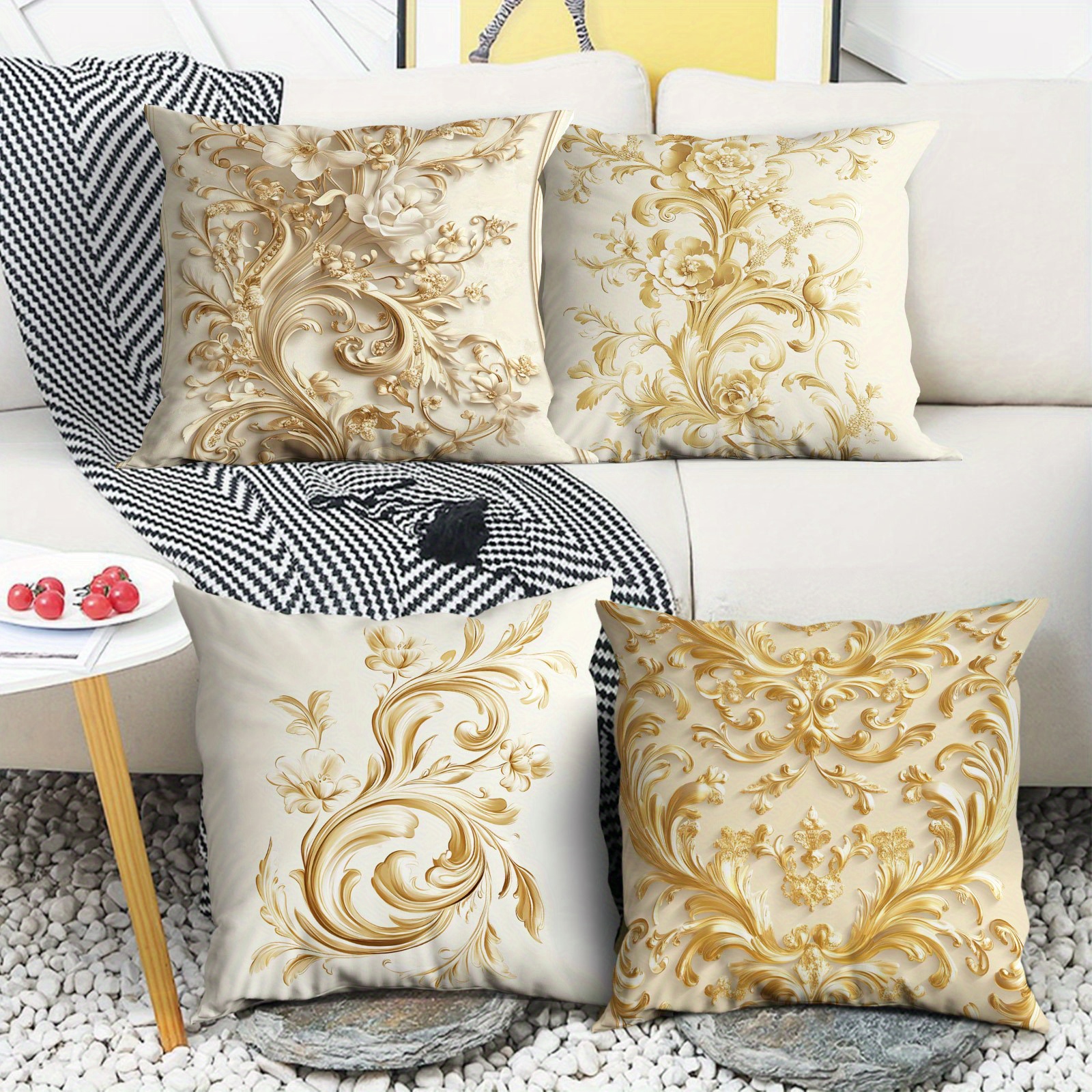 

4-pack Golden Baroque Throw Pillow Covers, Polyester, Contemporary Style, Zippered Cushion Cases For Office, Bedroom, Balcony, Car, Sofa, Patio, Machine Washable