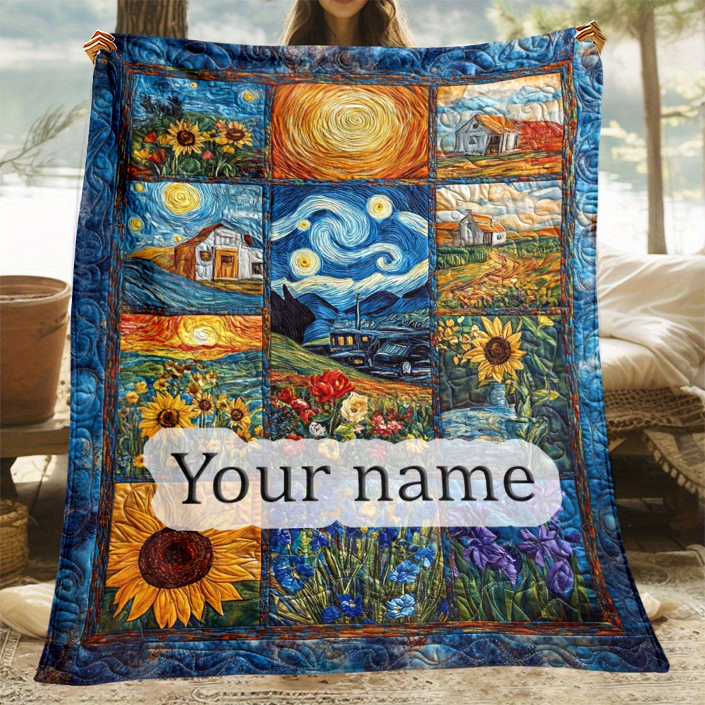 

[decorative Throw] Custom Name Van Flannel Blanket - Soft, Warm & Lightweight | Vibrant Starry Night & Sunflowers Design | Ideal For Sofa, Office, Travel | Unique Gift For Art Lovers