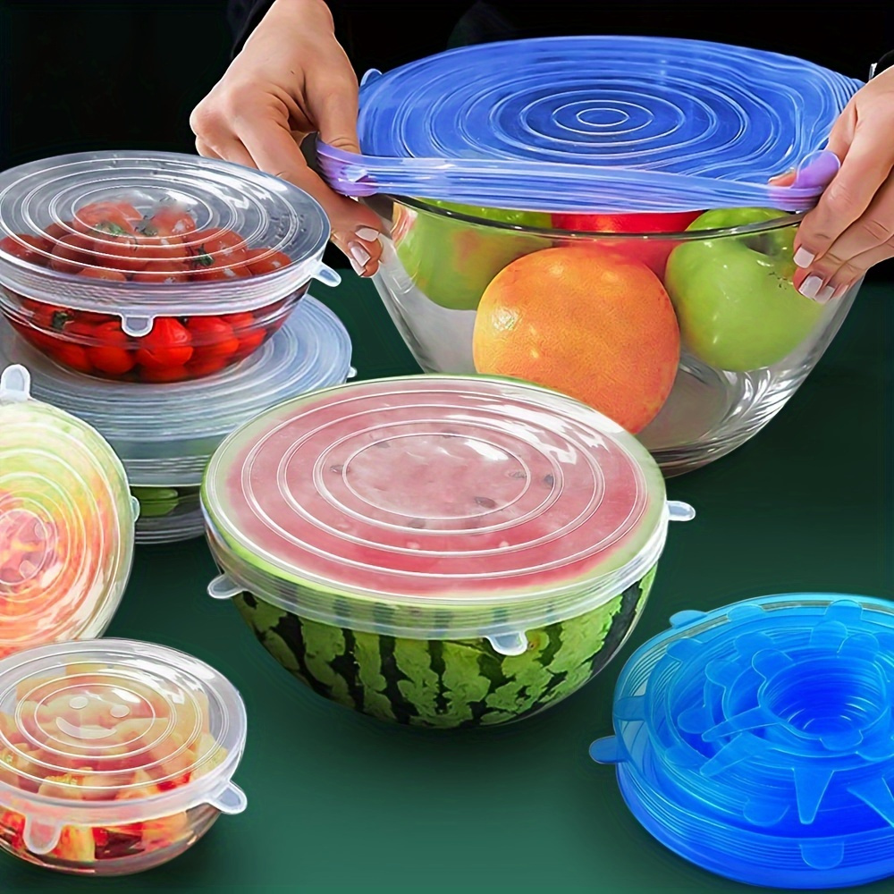 6pcs bpa free silicone stretch lids set reusable expandable food covers for bowls containers multi layer seal wrap details 1