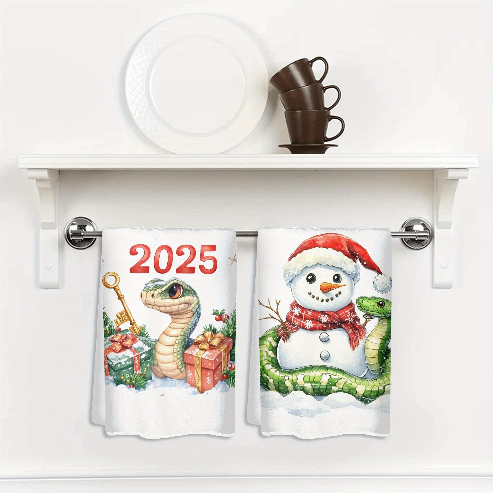 

2- Polyester Christmas Dish Towels Set - , , Snakes & Snowman , , Decor For