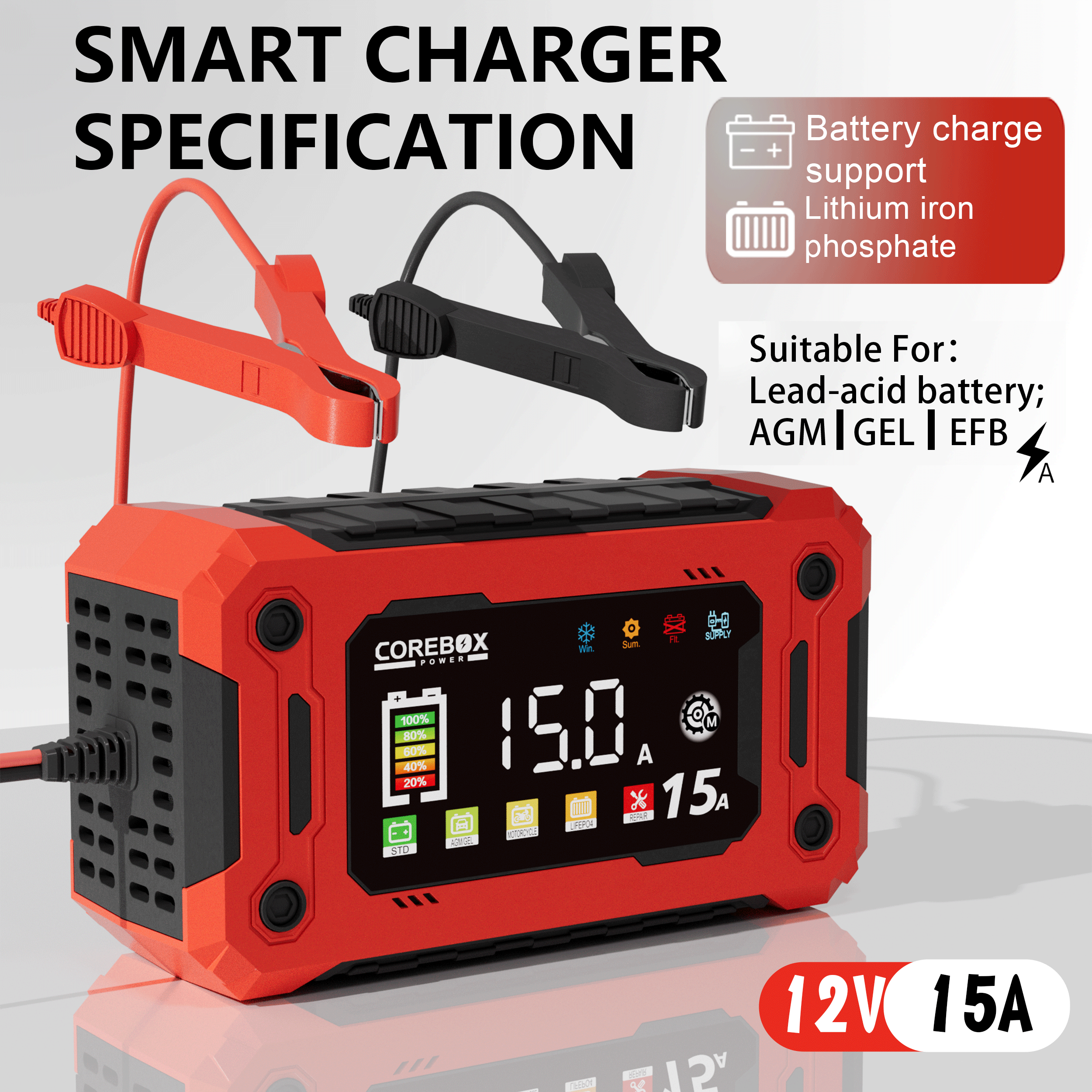 

Corebox 12v Charger 15a, With Large Color Screen, Intelligent Trickle Charger & Desulfator, Us Plug, 110-130v Power Supply, For Lead Acid Batteries, Vehicles, Motorcycles, Lawn Mowers, Marine