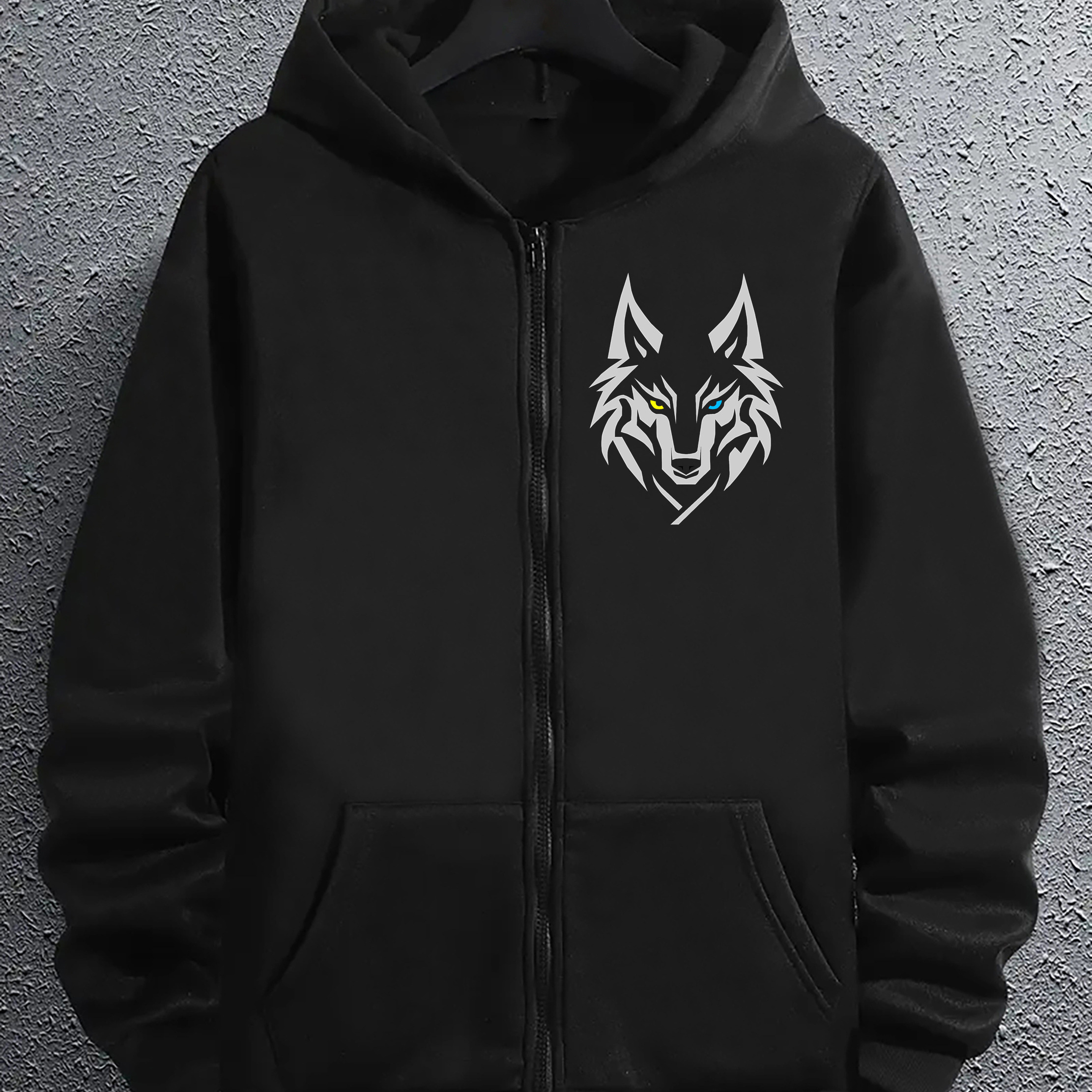 

Men' Cartoon Wolf Print Hoodie With Full Zip & Pockets - Comfortable Polyester, Machine Washable