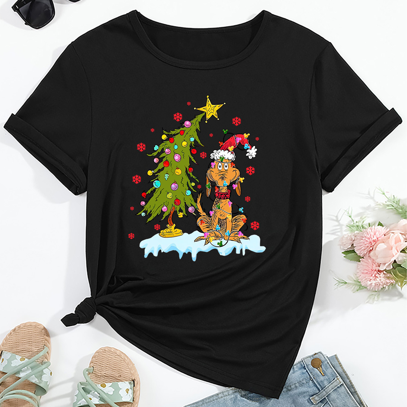 

Christmas Tree And Dog Printed Crew Neck T-shirt, Comfortable And Tops For Summer Women