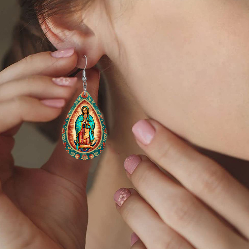 Women's Virgin Mary Patterned Teardrop Earrings, Holiday Style