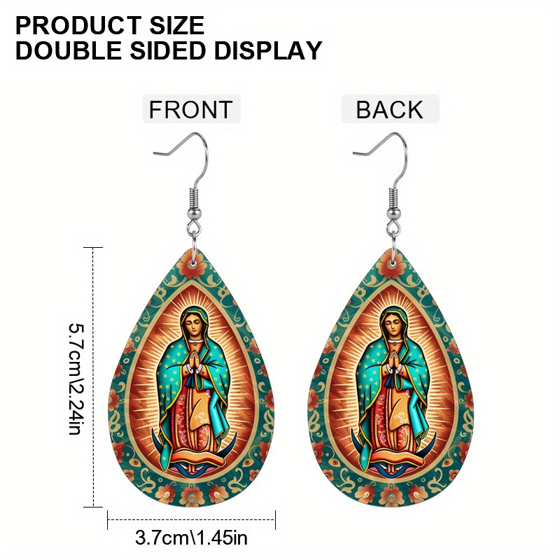 Women's Virgin Mary Patterned Teardrop Earrings, Holiday Style