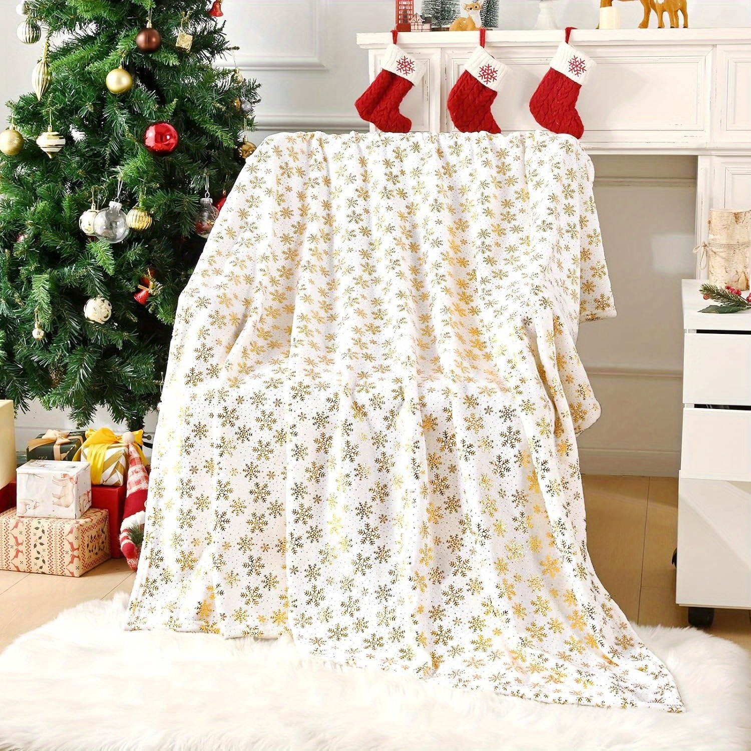 

Christmas Blanket, Gold Blanket, Fleece Blanket For , Blanket For Sofa Bed Christmas Decor