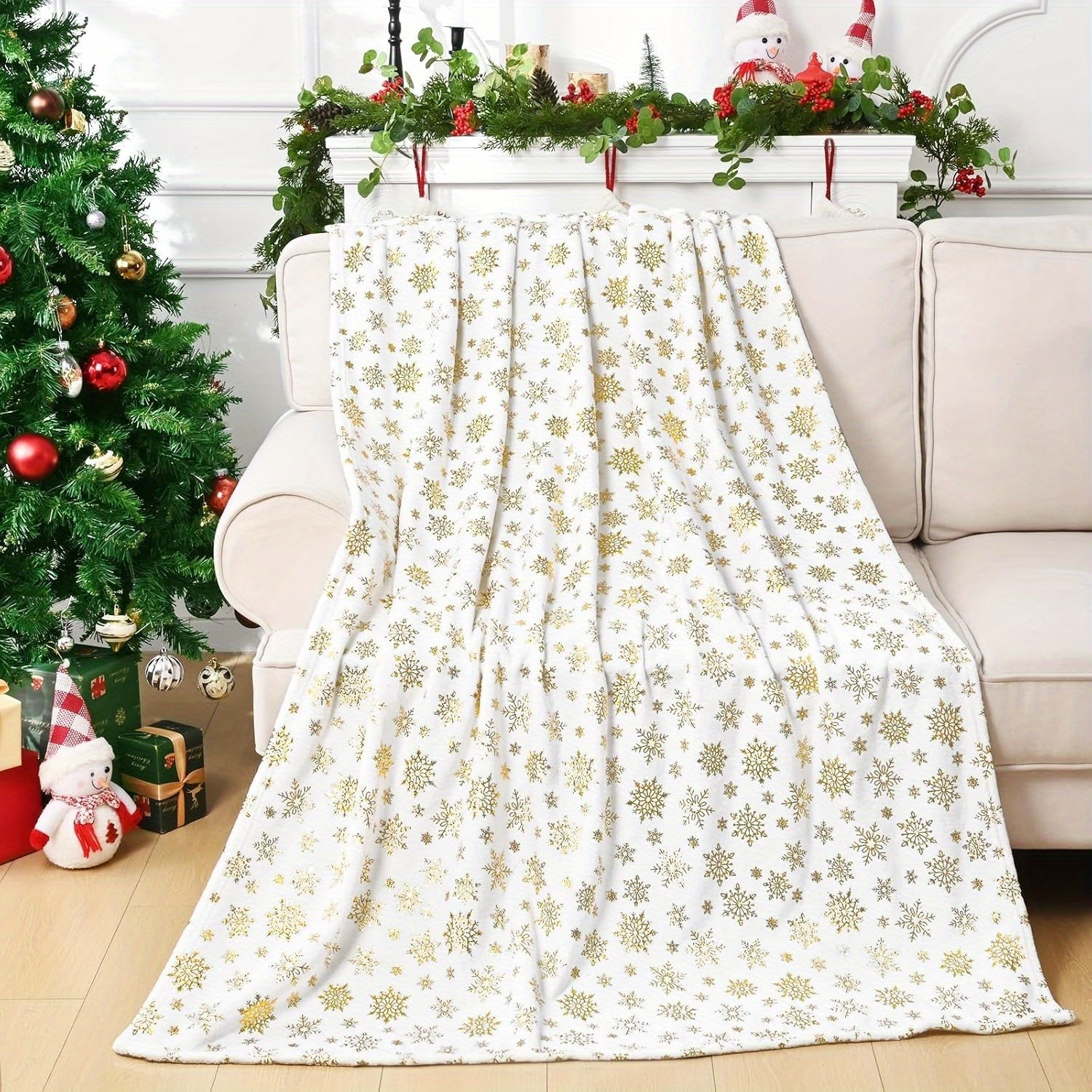 

1 Set Of , White Christmas Throw Blanket Golden Foil Print, Christmas Blankets And Throws For Winter, Flannel Fluffy Blanket For Couch Sofa Bed, 50 X 60 Inch