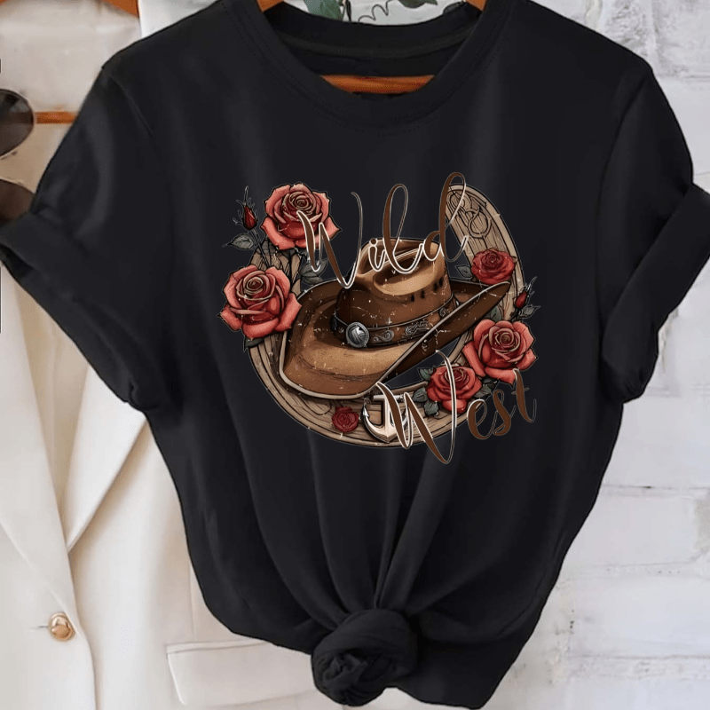 

T-shirt à Imprimé Cowboy - Col Rond Décontracté, Haut à Manches Courtes pour Femme, Mélange de Polyester Respirant, pour & l'Été