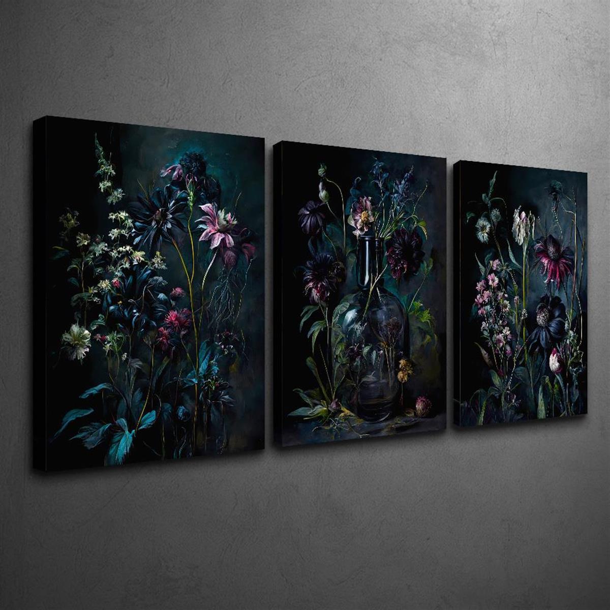 

3pcs Gothic Plant Art Set- Dark Flower Canvas, Room, Bedroom, Office, And Dining Room Wall Decoration- Multi Functional Indoor And Outdoor Use, Ink Painting On Canvas, Wrapped Canvas Painting