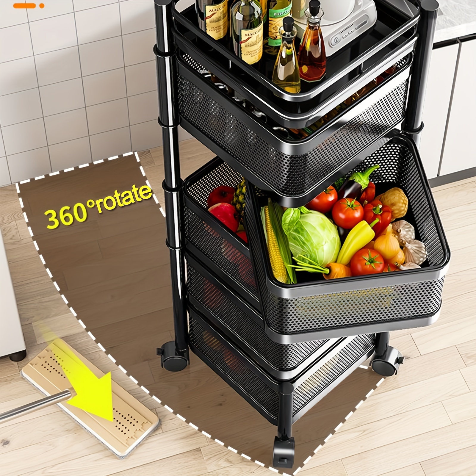 carro giratório de metal resistente com rodas - organizador de armazenamento em malha multinível para despensa, prateleira móvel economizadora de      , utensílios modernos, design  , construção  , rack utilitário Detalhes do produto 4