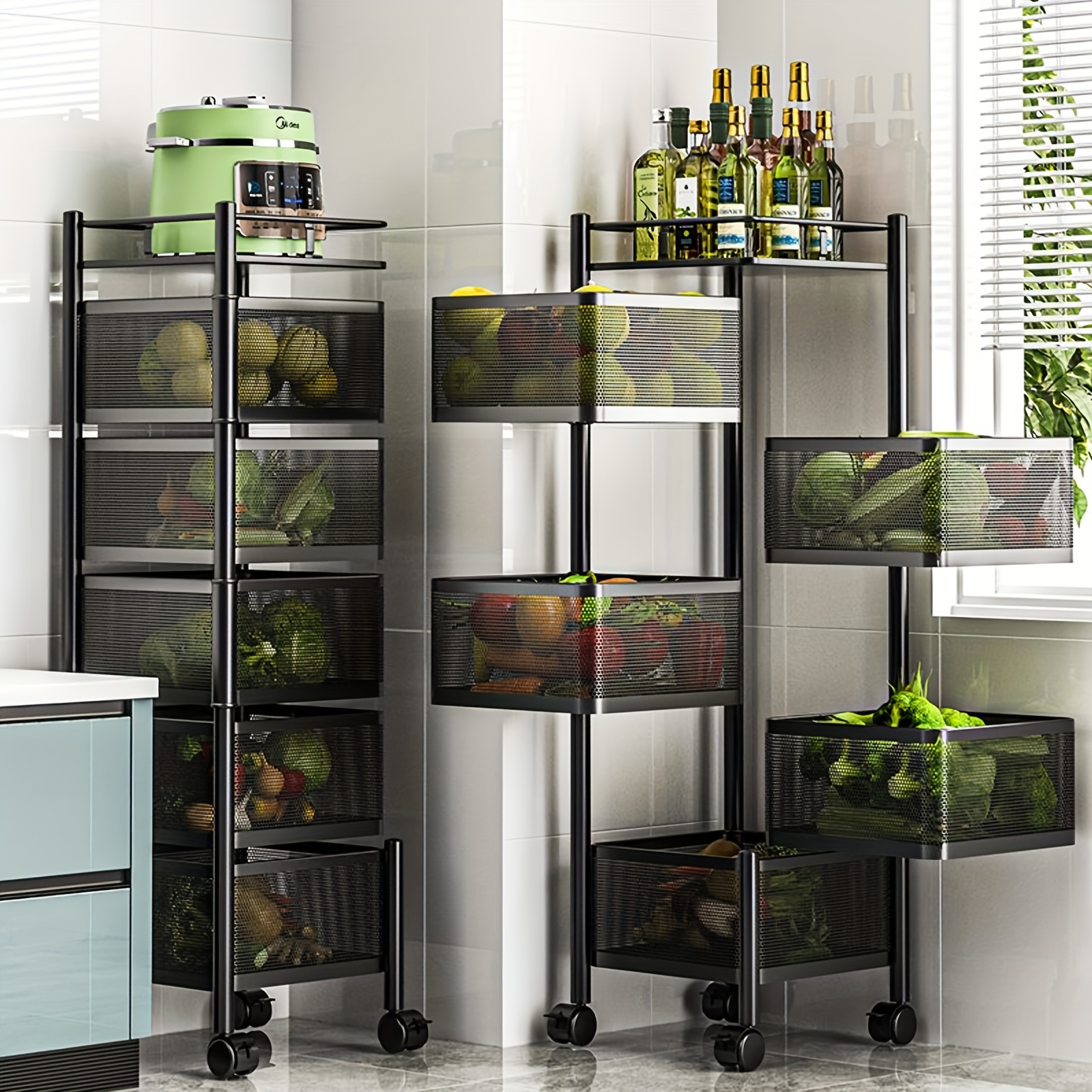 carro giratório de metal resistente com rodas - organizador de armazenamento em malha multinível para despensa, prateleira móvel economizadora de      , utensílios modernos, design  , construção  , rack utilitário Detalhes do produto 3