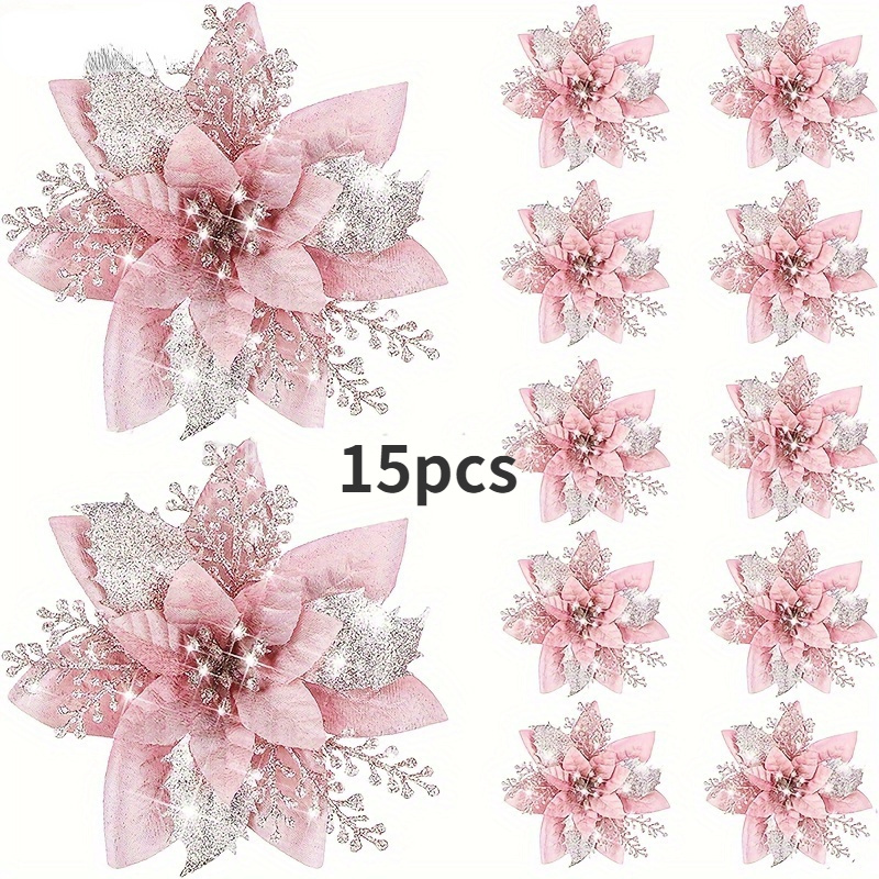 Image of 15pcs Christmas Tree Decoration Flowers, Pink And Silvery Artificial Plants With Sparkling , Plastic Seasonal Decorations, Suitable For Holiday Parties And Home Decoration, No Electricity Required