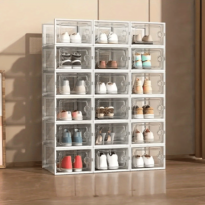 a collection of transparent plastic shoe boxes in   sizes designed to be stackable and serve as multi layer dustproof shoe racks   versatile shoe cabinets are   home and   displays making them an     for dorm decor and a great christmas gift details 0