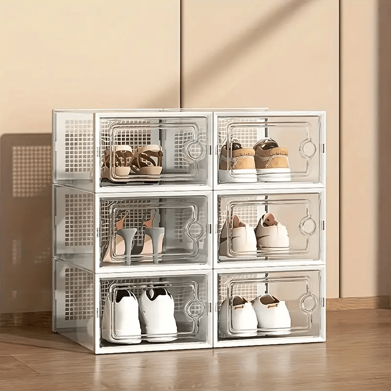 a collection of transparent plastic shoe boxes in   sizes designed to be stackable and serve as multi layer dustproof shoe racks   versatile shoe cabinets are   home and   displays making them an     for dorm decor and a great christmas gift details 1