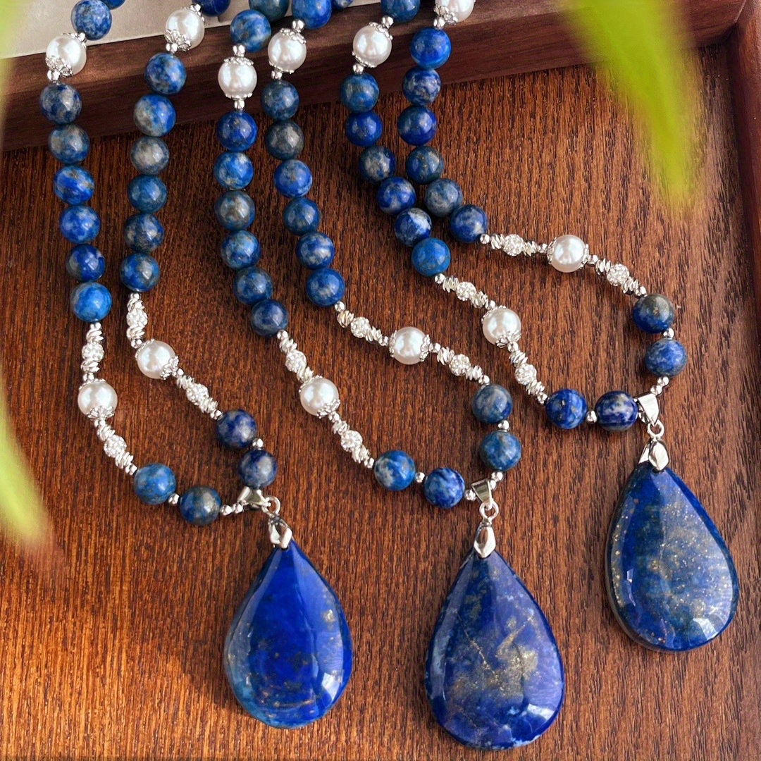 

Zaycan Vintage-inspired Lapis Pendant Necklace - High-quality Natural Stone, Design For Sweater Chain Decor & , Zaycan