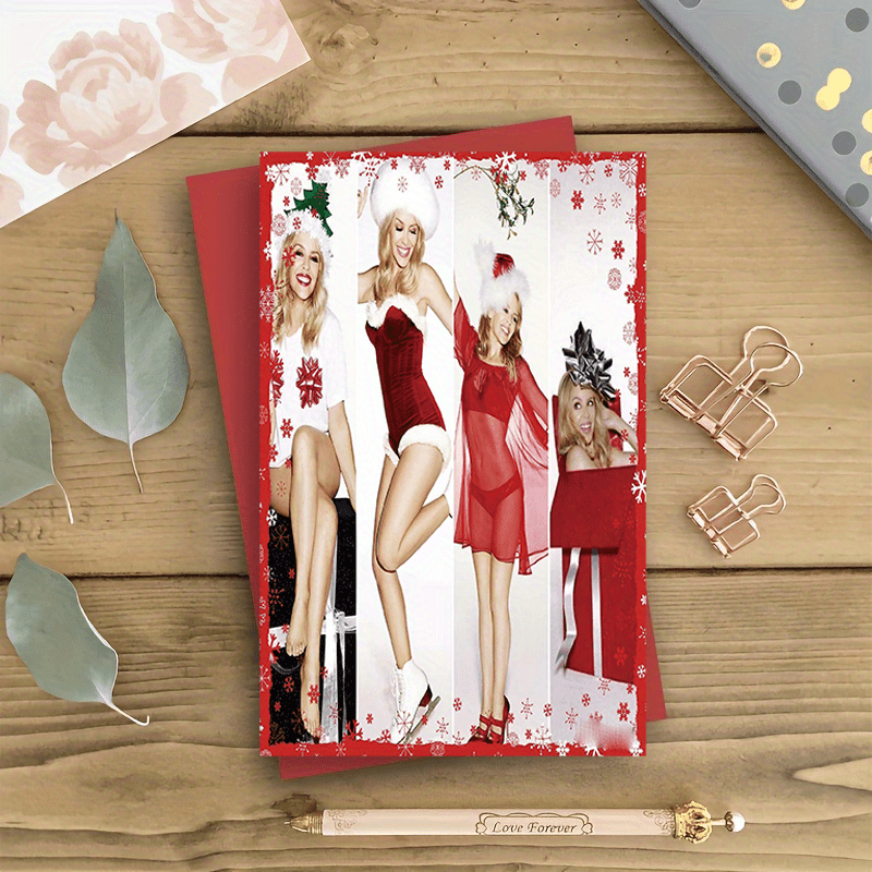 TEMU & Girls Christmas Card - Vibrant Holiday Greeting With Snowflakes & Holly, Ideal For Family & , Featuring Iconic Red Dress & Green Headwear,