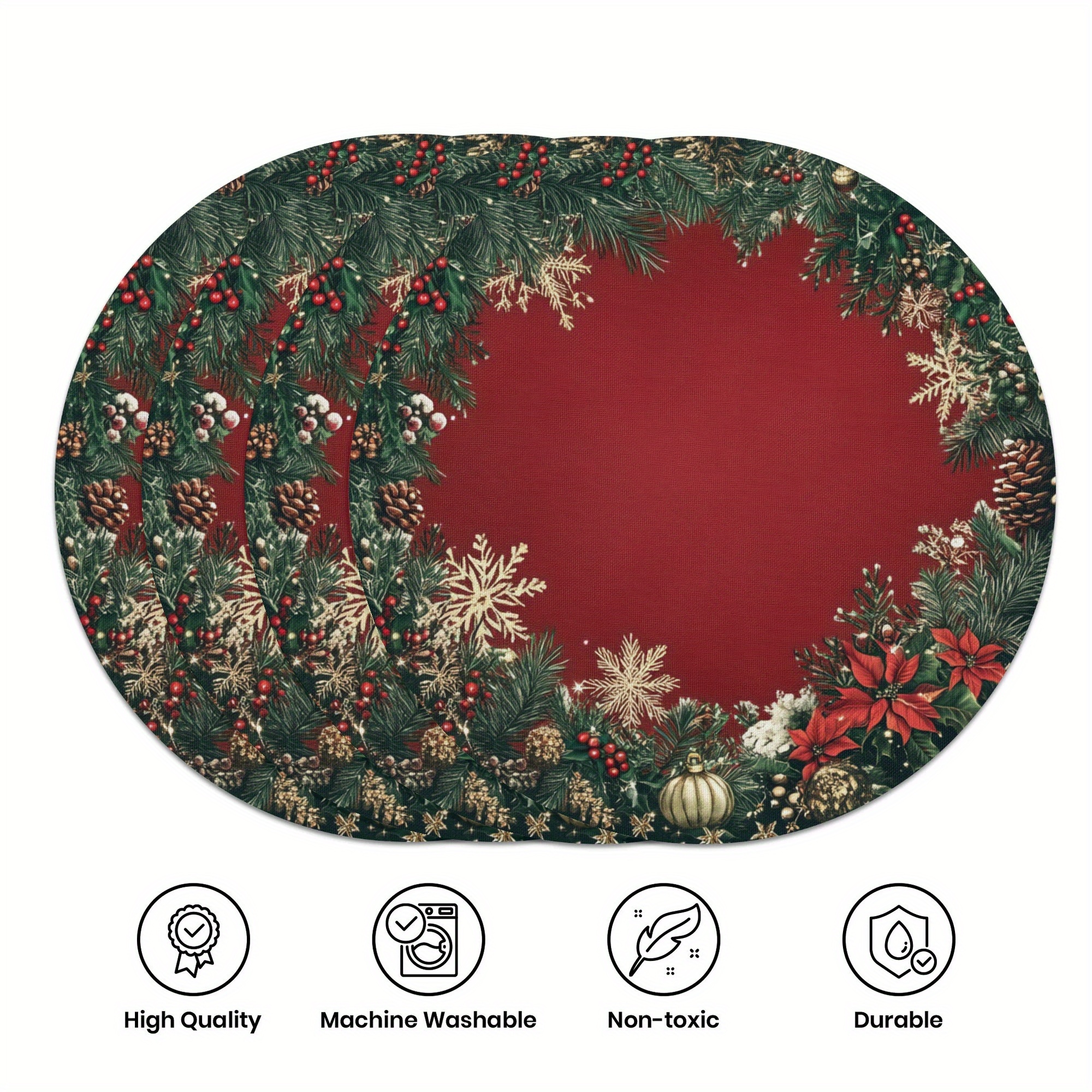 

Christmas Flower 4pcs Round Placemat Set, 15-inch, Holiday Dining & Decor, Woven Polyester, Hand Wash Only, Christmas Decor, Best For Christmas