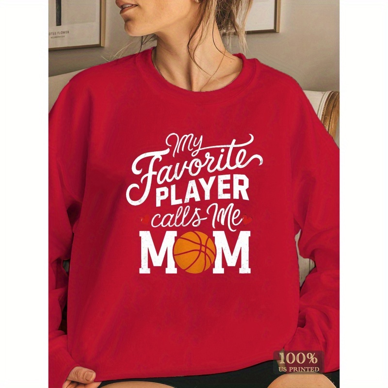 

1pc Women's Casual Crew Neck Sweatshirt - Polyester Knit Fabric, Geometric Basketball Mom Design, Regular Length, Fall/winter Collection