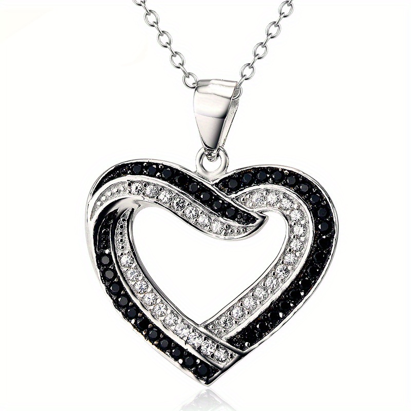 TEMU 1pc Fashionable Heart-shaped Pendant Necklace, Black And White, Silvery Chain, , Elegant Jewelry Accessory