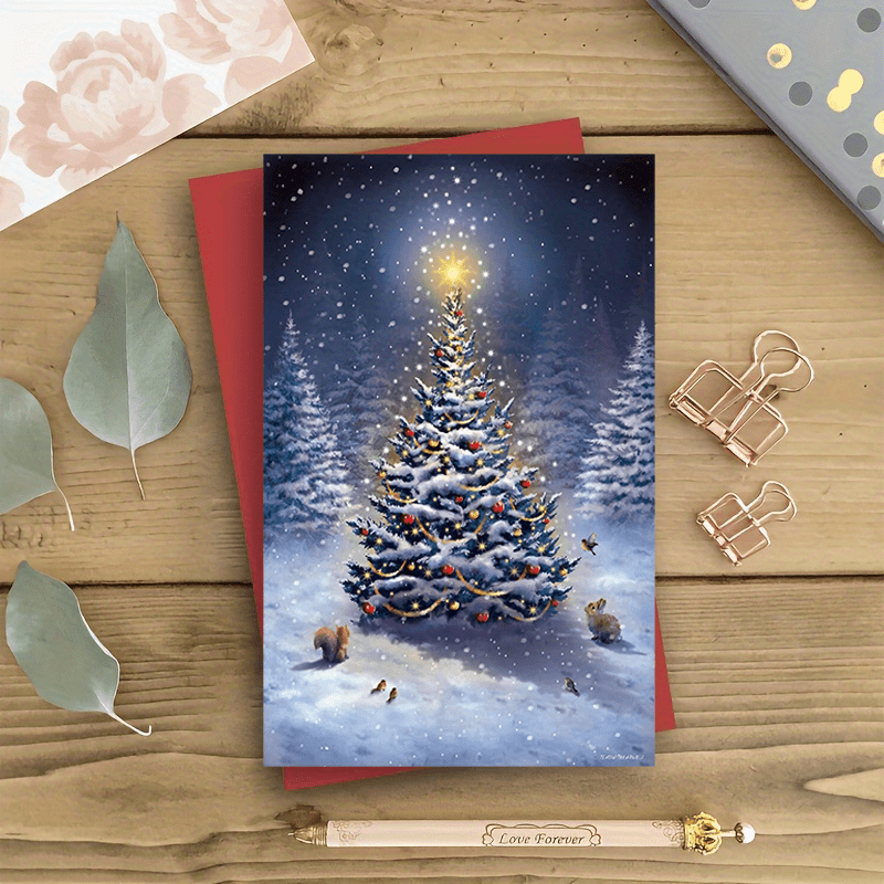 TEMU 1pc Christmas Greeting Envelope - Illustration Of Christmas Tree, , And Twinkling - For Greetings