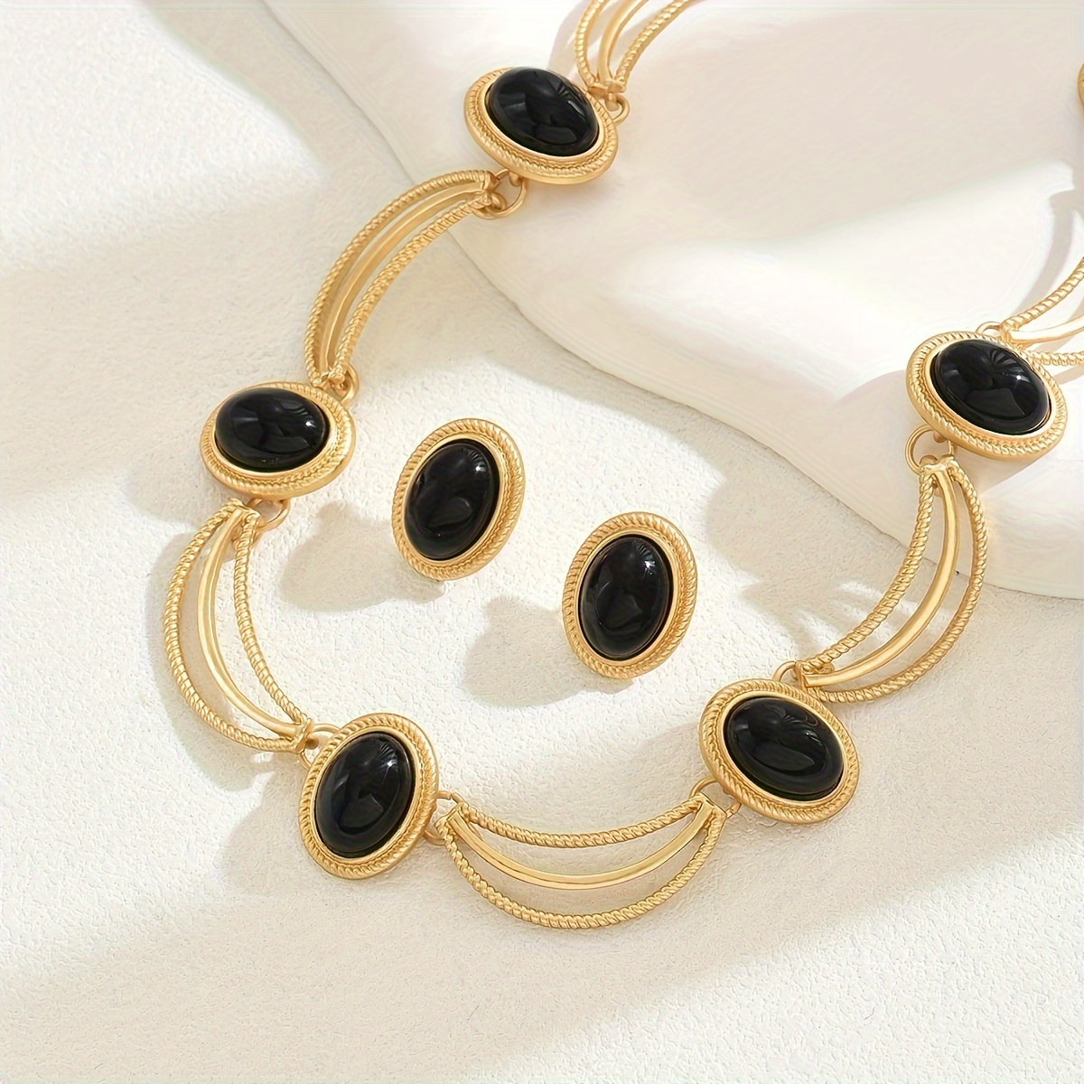 TEMU Jewelry Set - 14k Golden Plated Copper With Black Glass Oval Stones - Elegant Vintage Inspired Necklace And Earrings Set For Party