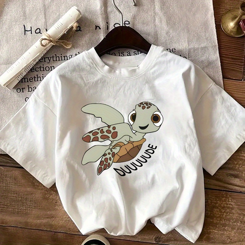 Women's Casual Short Sleeve Crew Neck T-Shirt - Light Beige Cute Cartoon Sea Turtle & "DUDDE" Graphic Print, Soft Breathable Fabric, Machine Washable, All-Season Comfort Top, Everyday Outfit, Fun Print, Easy Care, Printed Shirt, Women, Relaxed Style, Lightweight Shirt, Stylish Blouse, College