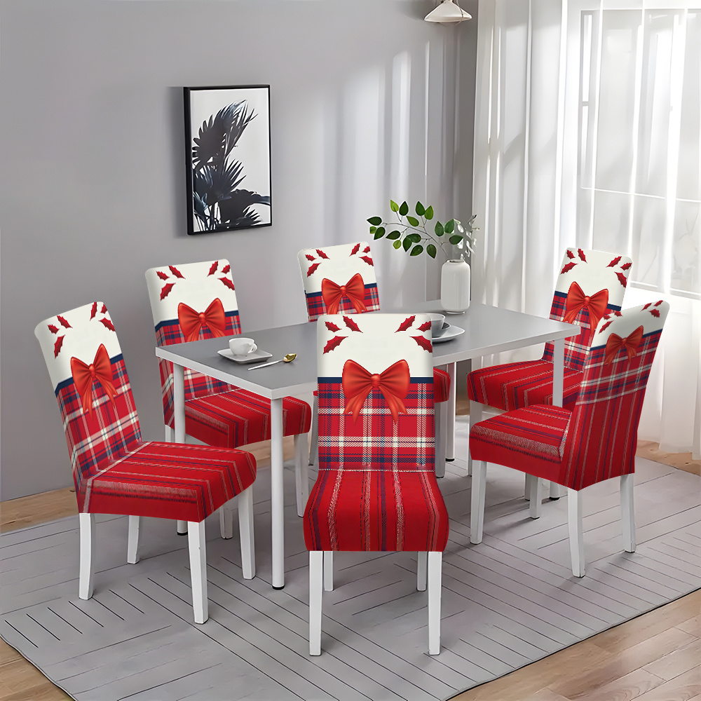 

Open -2/4/6pcs Christmas Bow New Printed Chair Cover Hotel Home One-piece Chair Cover Universal Home Dining Table Living Room Kitchen Decorative Chair Cover