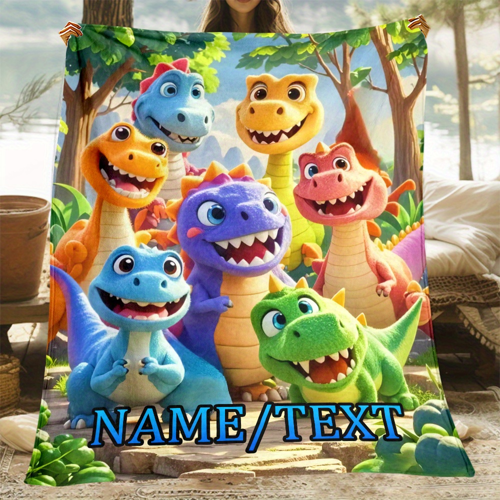 

1pc Custom Name Cartoon Dinosaur Blanket, Lightweight Flannel Fleece Throw, , Soft And Warm Fabric, Sofa, Bed, Travel, Living Room, Office, Couch - Ideal Gift For