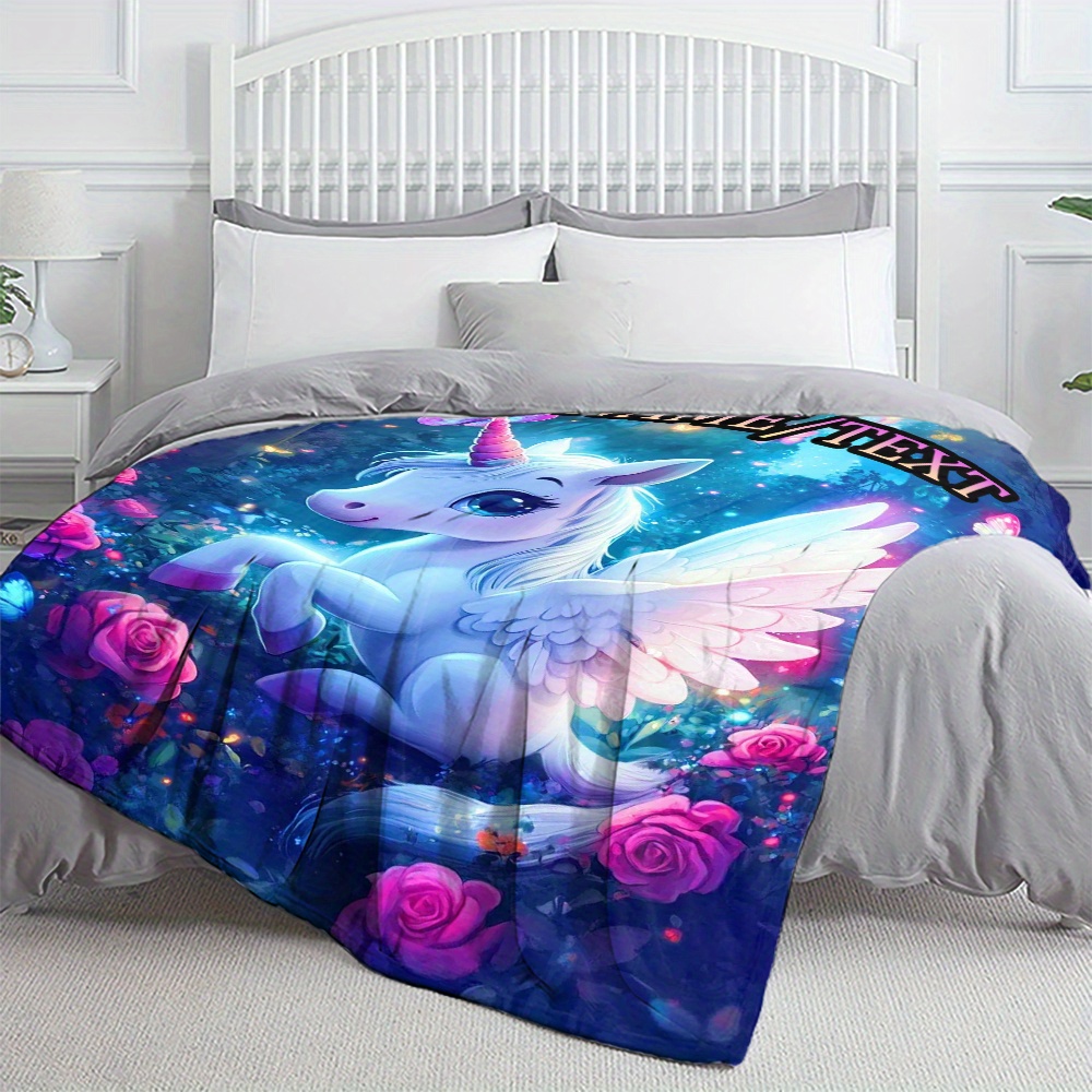 TEMU Custom 1pc Custom Name Cartoon Cute Unicorn Pattern Blanket - Lightweight Flannel Throw For Sofa, Bed, Travel, Living Room, Office, Couch, And