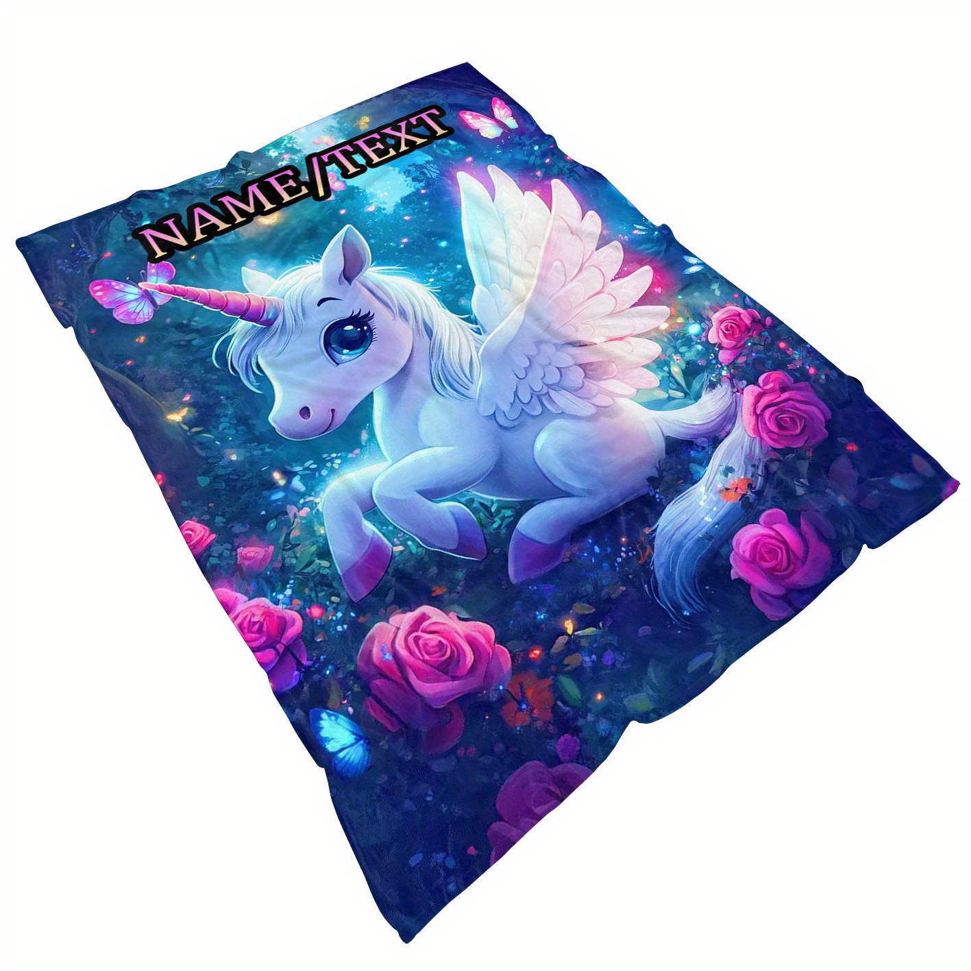 TEMU Custom 1pc Custom Name Cartoon Cute Unicorn Pattern Blanket - Lightweight Flannel Throw For Sofa, Bed, Travel, Living Room, Office, Couch, And