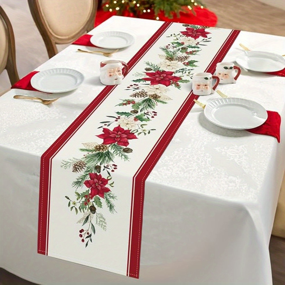 

Christmas Red Floral Table Runner 13x72" - & Branch Design For Holiday Dining Decor, Indoor Parties & Home Gifts