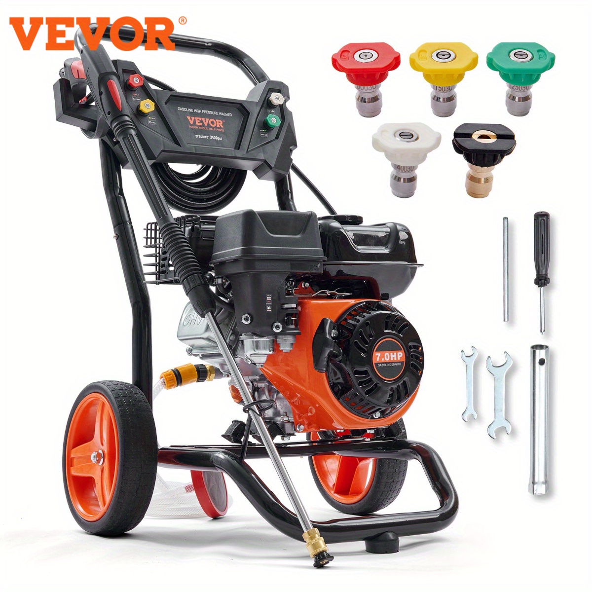 

Vevor Gas Washer, 3400 Psi 2.6 Gpm, Gas Washer Aluminum , And , 5 Nozzles, For Cleaning , Homes, Driveways, Patios