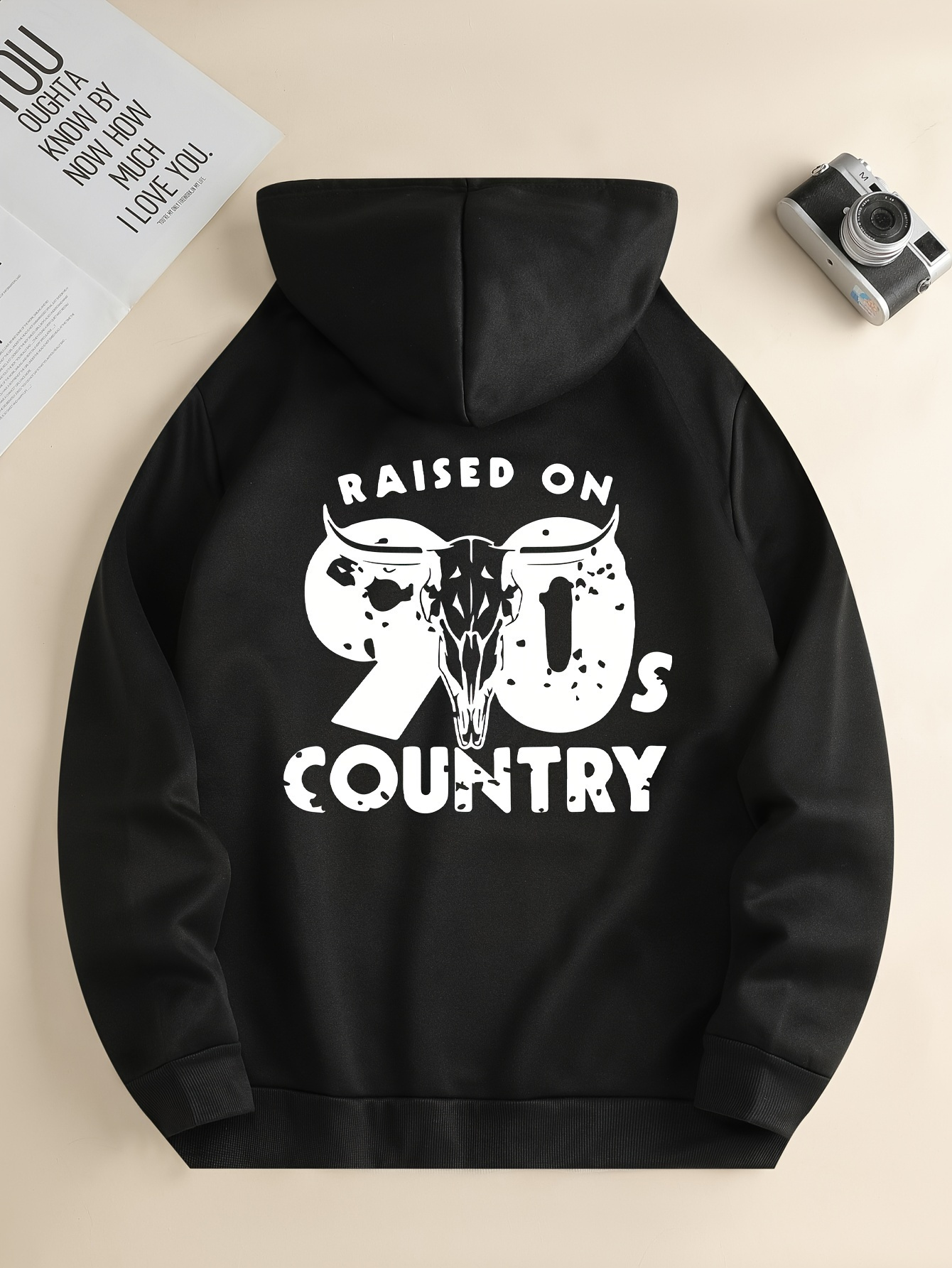 RAISED ON 90'S COUNTRY Print *'s Pullover Round Neck Hoodies With Kangaroo  Pocket Drawstring Long Sleeve Hooded Sweatshirt Loose Casual Top For Au