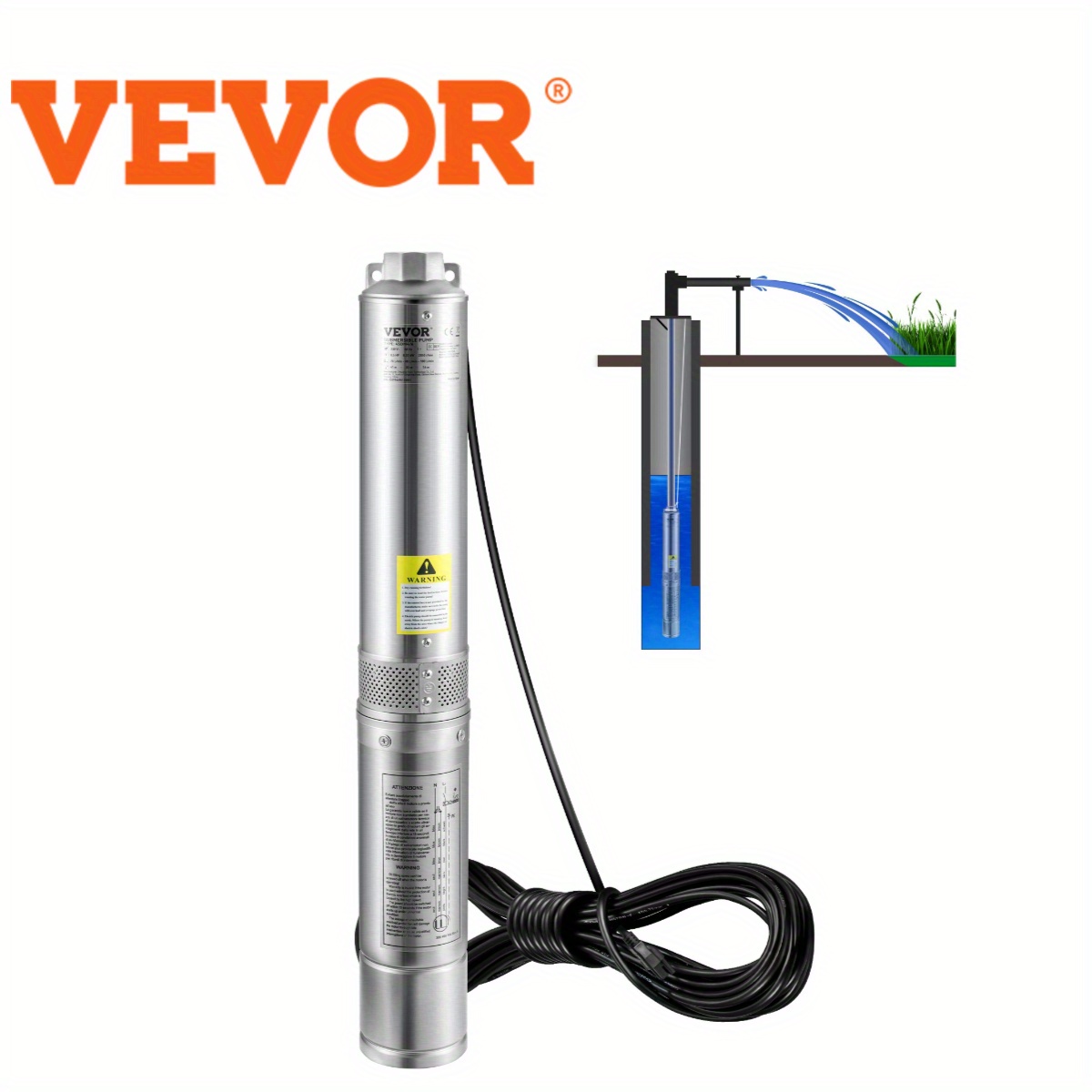 

1pc Vevor 1hp Stainless Steel Submersible Pump, 115v/60hz, 37gpm 207ft Head, 33ft Electric Cord, Waterproof, Metal Top, For Industrial Irrigation & Home Use