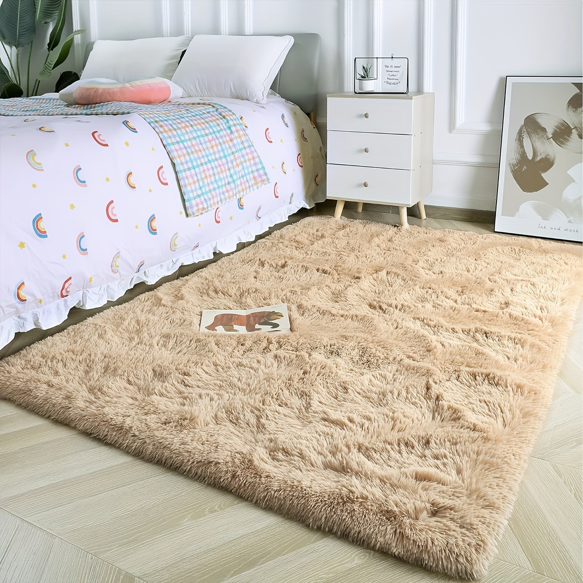 

1pc Plush Bedroom Bedside Mat - Cozy Long-haired, Soft Polyester Floor Mat In Cream & - Ideal For Bedroom, Living Room, And Coffee Table Decor - Only, Rugs For Bedroom