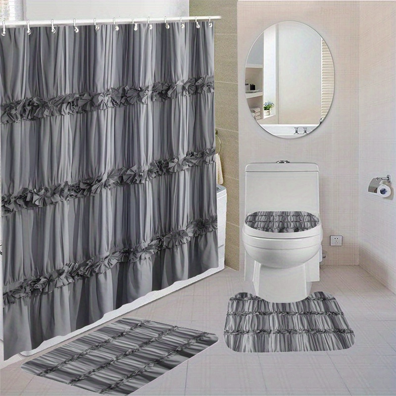 

1pc/4pcs Bathroom Shower Curtain Set With 12 Hooks, Toilet Seat Bath Mats And Rugs Non-slip Carpet Toilet Covers, Polyester Fabric Washable Curtain For Bathroom Accessories Home Decor (open)