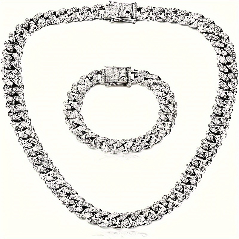 

925 Silver Alloy Plated Cuban Chain Necklace And Bracelet, Fashionable Hip-hop Style - A Jewelry Set Suitable For And Holiday Gift