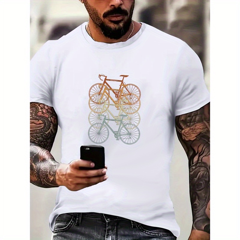 

Men's Casual Crew Neck T-shirt With Bicycle Print, 100% Polyester Short Sleeve Summer Top, Medium Stretch Knit Fabric, For - 150gsm