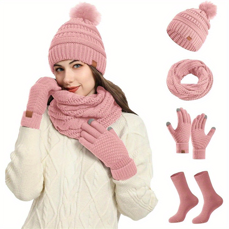 

4pcs Women's Cozy Knit Winter Set - Fashionable Pink Beanie With , Scarf, Touchscreen Gloves & Socks - Warm, Acrylic For Outdoor Activities, Outdoor Gear|stylish Scarf Set|soft Acrylic Knit