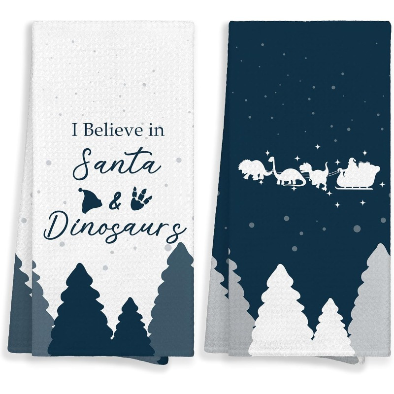 

2pcs Santa & Dinosaur Christmas Kitchen Towels - , Machine Washable Polyester Hand Towels For Decor, Gift For