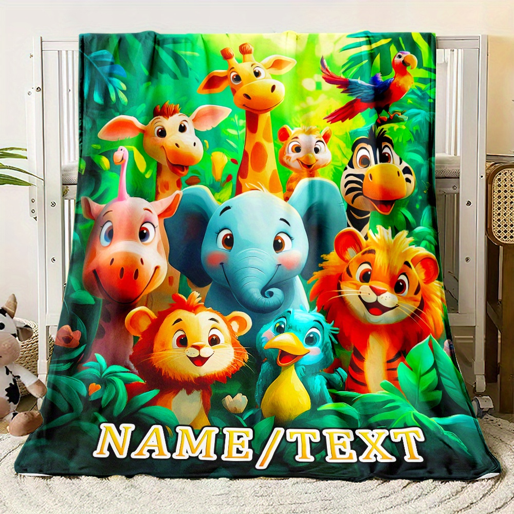 TEMU Custom 1pc Custom Name Cute Animals Blanket - Lightweight Flannel Throw For Sofa, Bed, Travel, Livingroom, Office, Couch And Bed - Digital