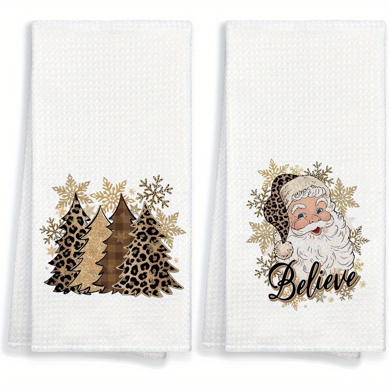 

2pcs Christmas Kitchen Towels - 18x26 Inch, Santa & Leopard Print With Golden Snowflakes, Polyester, Machine Washable - Holiday Decor & Dishwashing