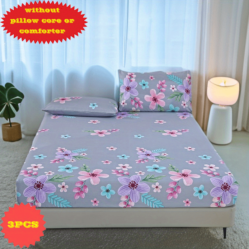 TEMU 3pcs Bedding Set, Light Purple Flower Print, Soft And Breathable, -, , Use, Polyester, , 30-34cm Sheet, Pillowcases Included, Machine Washable