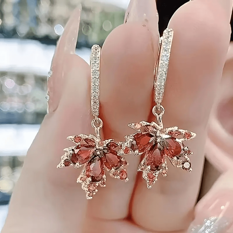 TEMU 1 Pair Elegant Maple Fringe Earrings With Synthetic Zirconia Pendants - 18k Gold Plated Dangle Suitable For, Valentine's Day Gifts, Weddings &