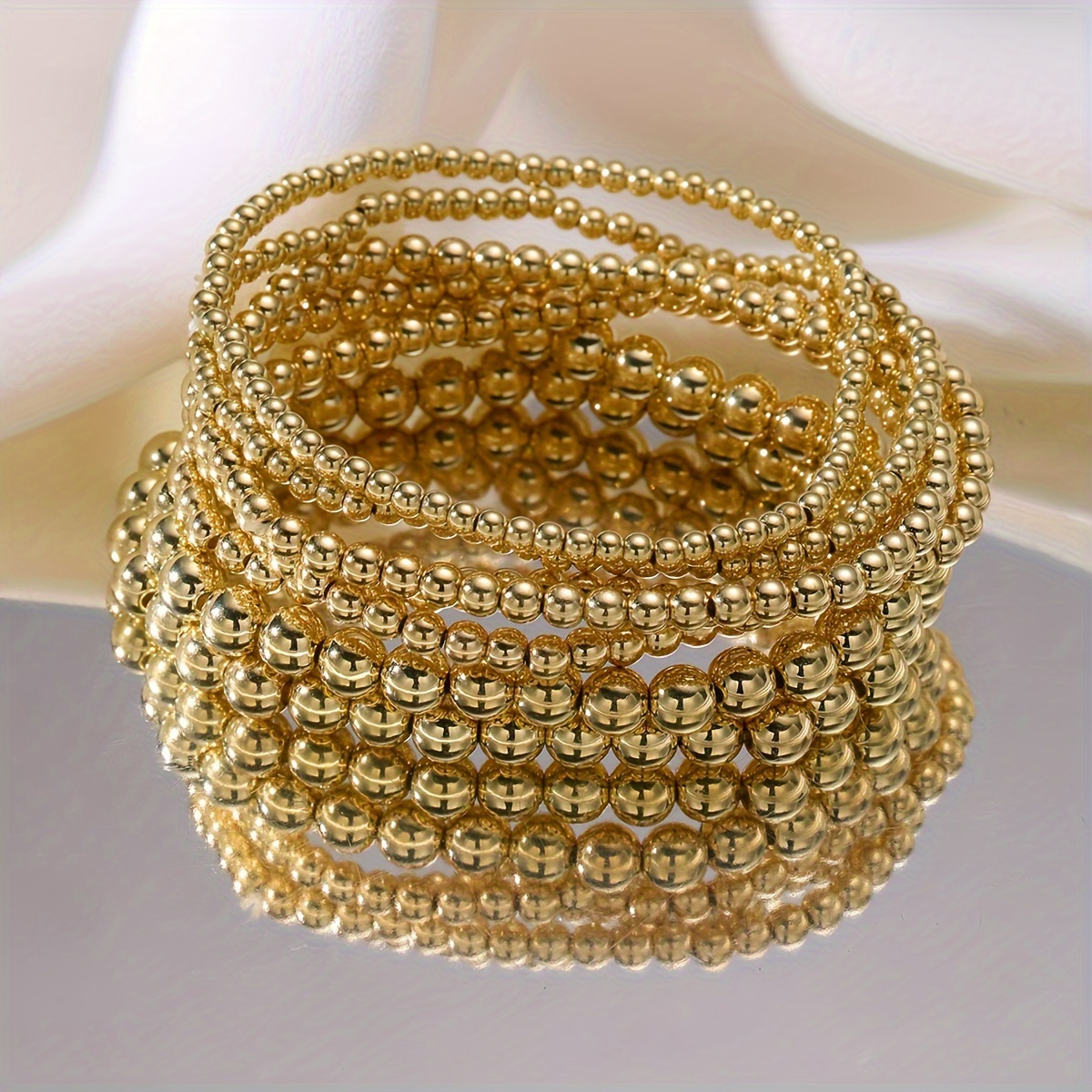 Elegant Beaded Bracelet Set For Women, 7pcs Golden Bead Set, Simple Vacation And Date Gift, Versatile Daily Accessory