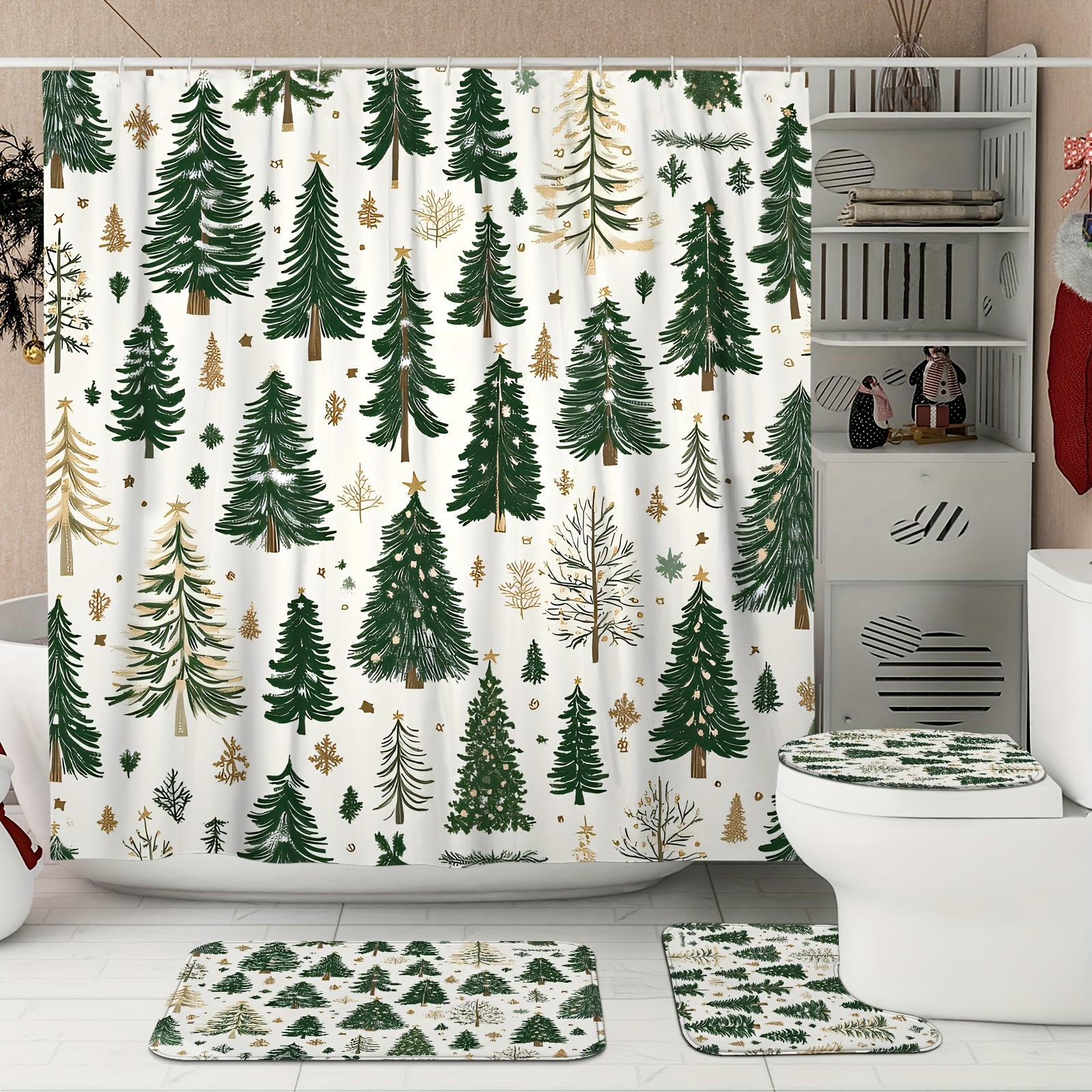 

1/4pcs Christmas Decoration Christmas Tree Shower Curtain Set, Shower Curtain 12 , Bathroom Rug, U-shaped Mat, Lid Mat, Bathroom Decoration, Bathroom Shower Curtain Set, Bathroom Accessories ( )