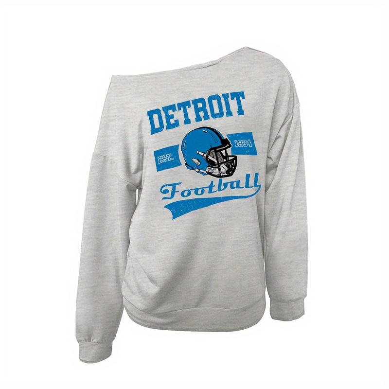 

1pc Women's Casual Off-shoulder Sweatshirt, Detroit Football Print, Polyester Knit, Halloween Theme, Regular Length, Spring/autumn Fashion Top