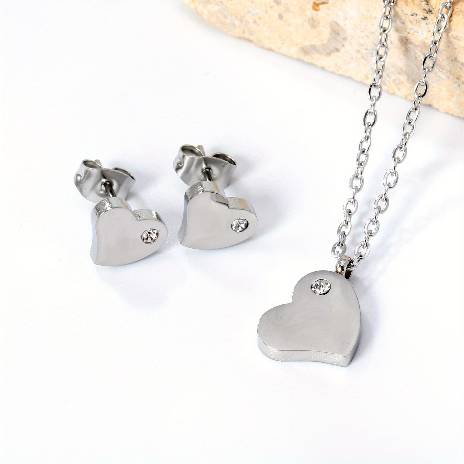 Image of 3pcs Stainless -shaped Inlaid Synthetic Necklace Stud Earrings Jewelry Accessory Set, Luxury Elegant Fashion Easy Necklace Earrings For Banquets Ceremonies Parties Vacations Gifting Wearable Additions
