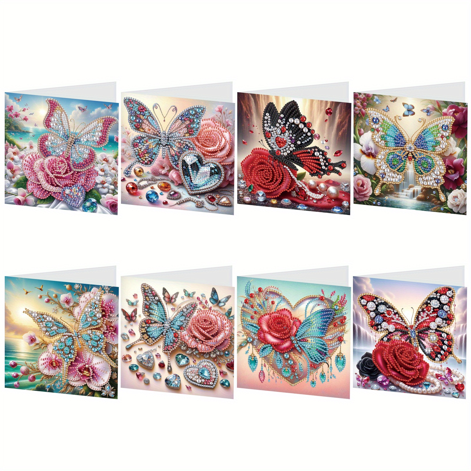 

8-pack 5d Diy Diamond Painting Greeting Cards, Flower & Irregular Shaped Acrylic Craft, Cartoon Theme, Creative Birthday & Thanksgiving Card Kit, Special Shape Congratulation Cards