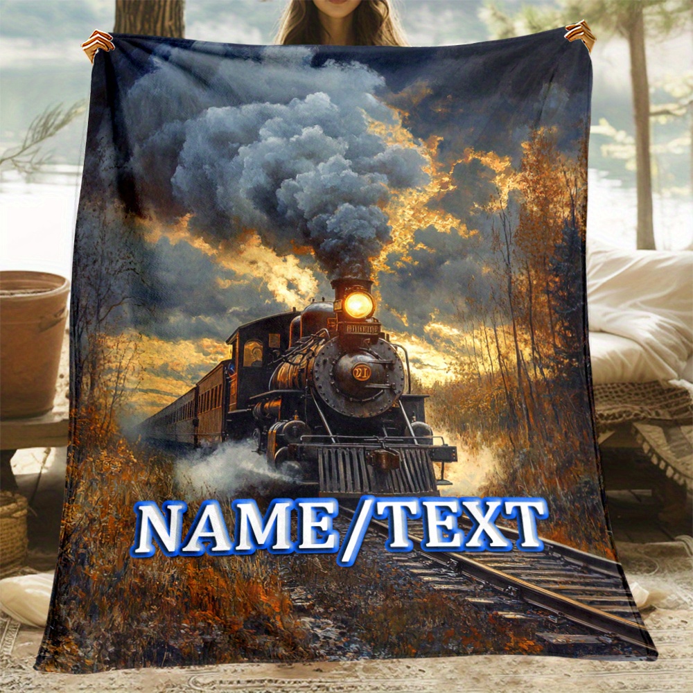 

1pc Customizable Train Print Polyester Throw Blanket - Personalized Name Lightweight Fleece For Sofa, Bed, Travel - Soft Warm Flannel Fabric, Ideal Gift For Family Or